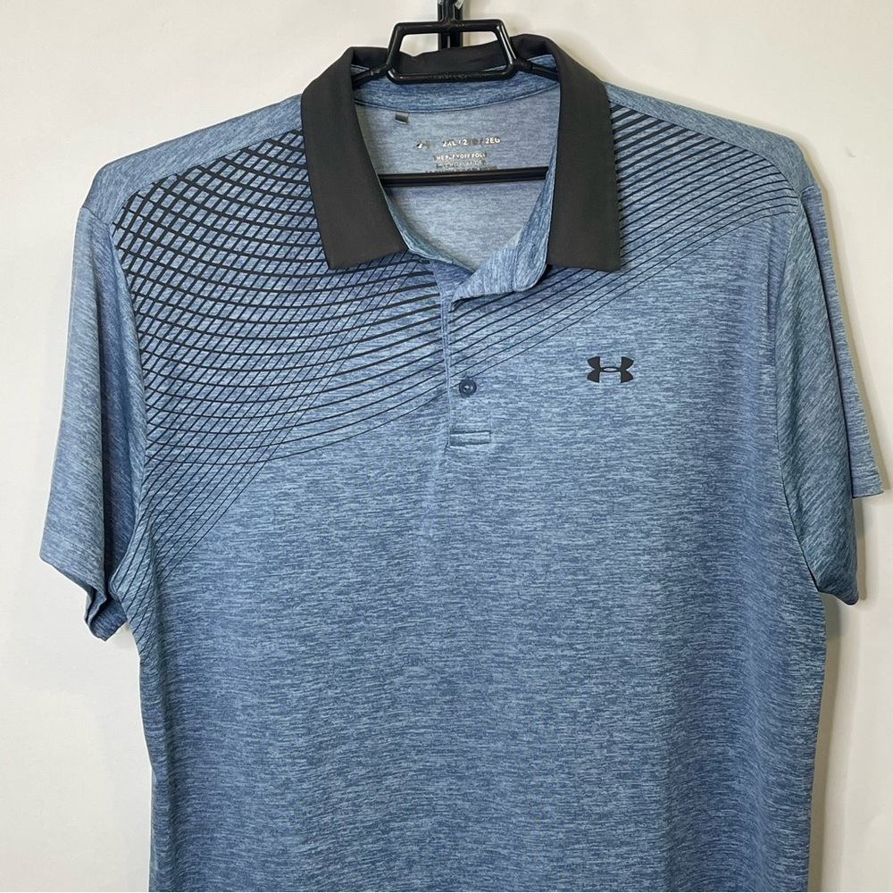 Under Armour Playoff Polo Blue Black Design Short Sleeve Shirt Size 2XL - Picture 2 of 4